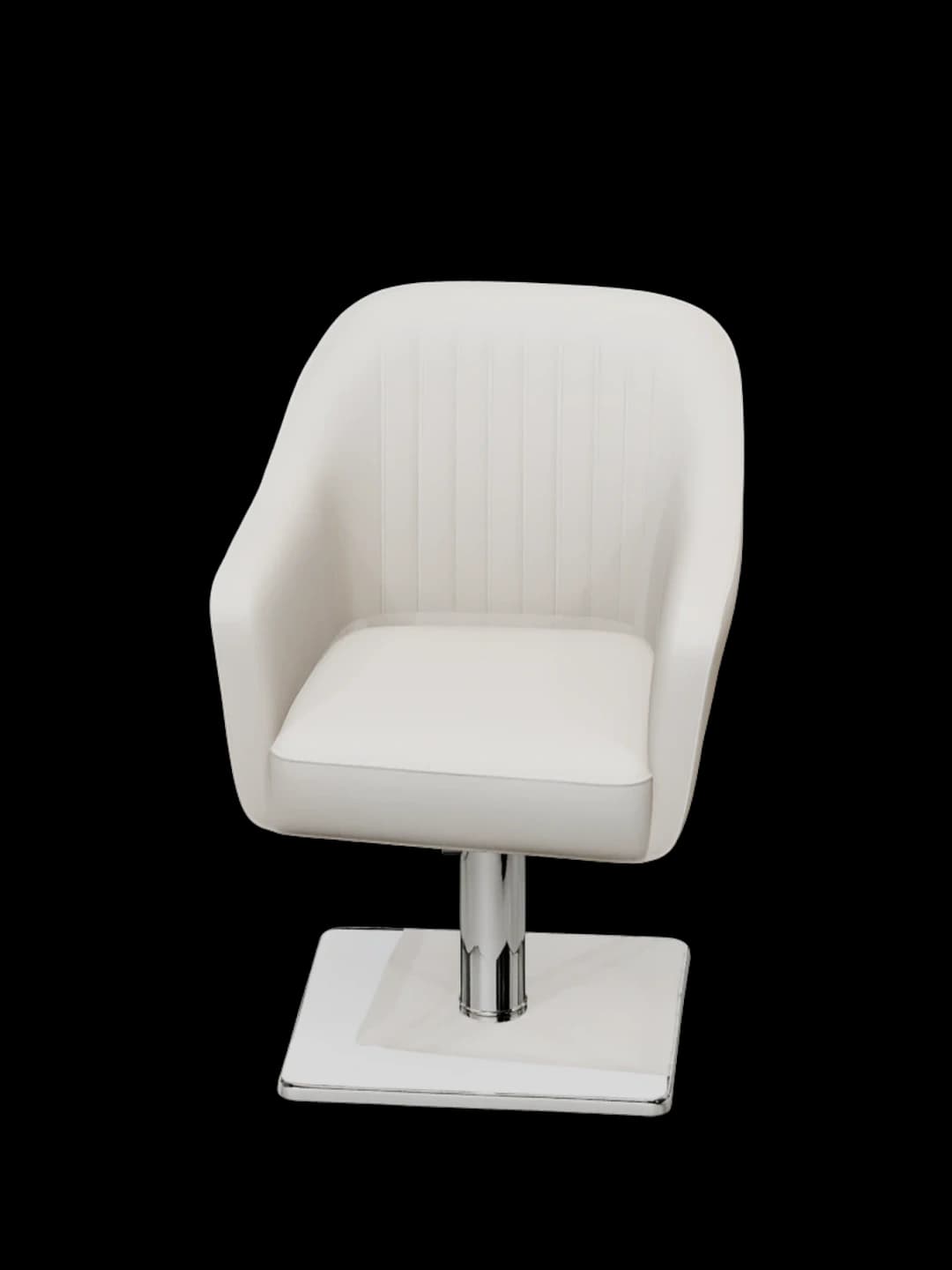 The same white salon chair, held in soft salon light